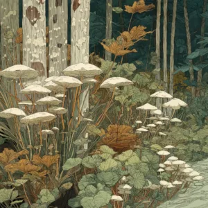 Botanical-style illustration of white mushrooms growing densely at the base of tall forest trees.