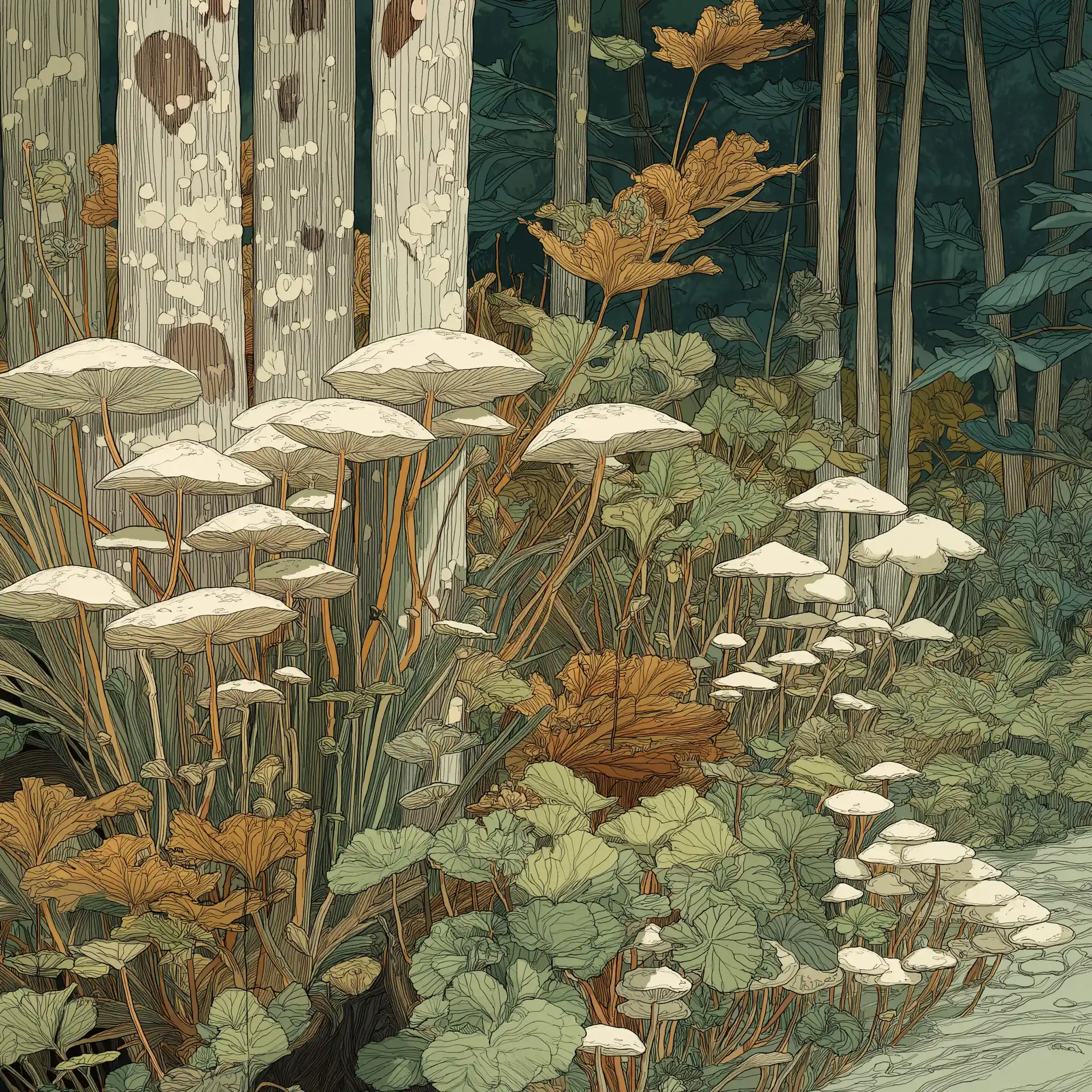 Botanical-style illustration of white mushrooms growing densely at the base of tall forest trees.