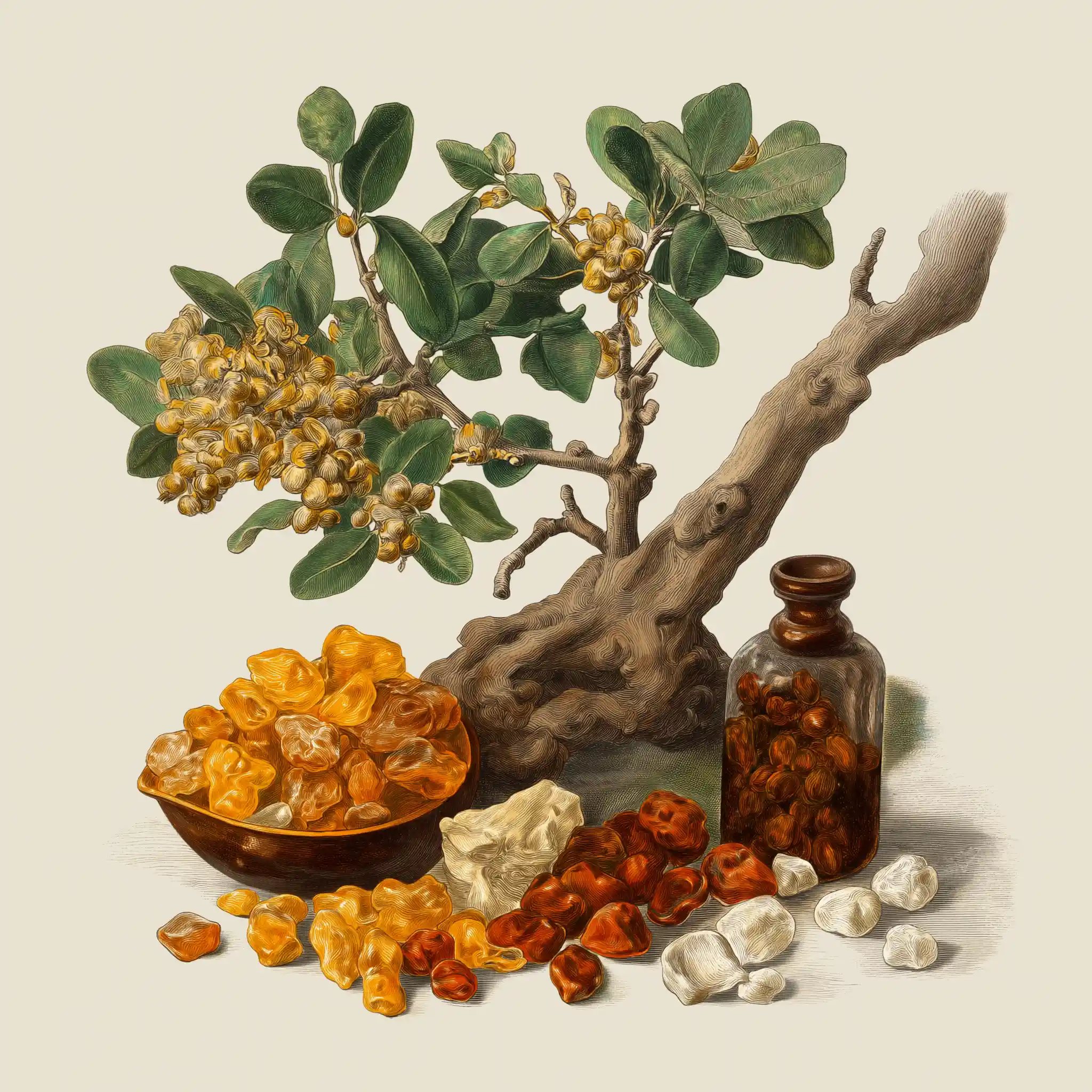 A vintage style illustration of franckenscence and myrrh