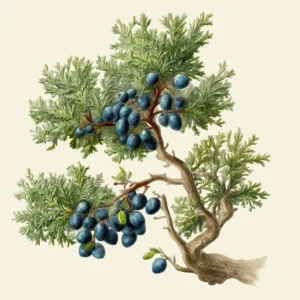 A naturalist style illustration of a juniper branch with berries.