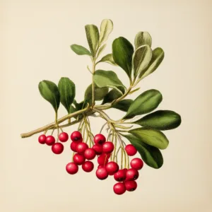 A naturalist illustration of a Mistletoe branch with fresh bright red berries