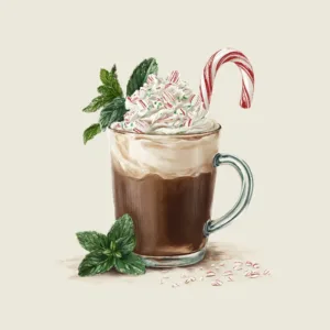 A vintage style illustration of a glass of warm peppermint mocha with whipped cream.