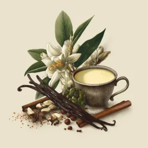 A naturalist illustration of a cup of eggnog, cinnamon sticks, vanilla pods, and a vanilla botanicals.