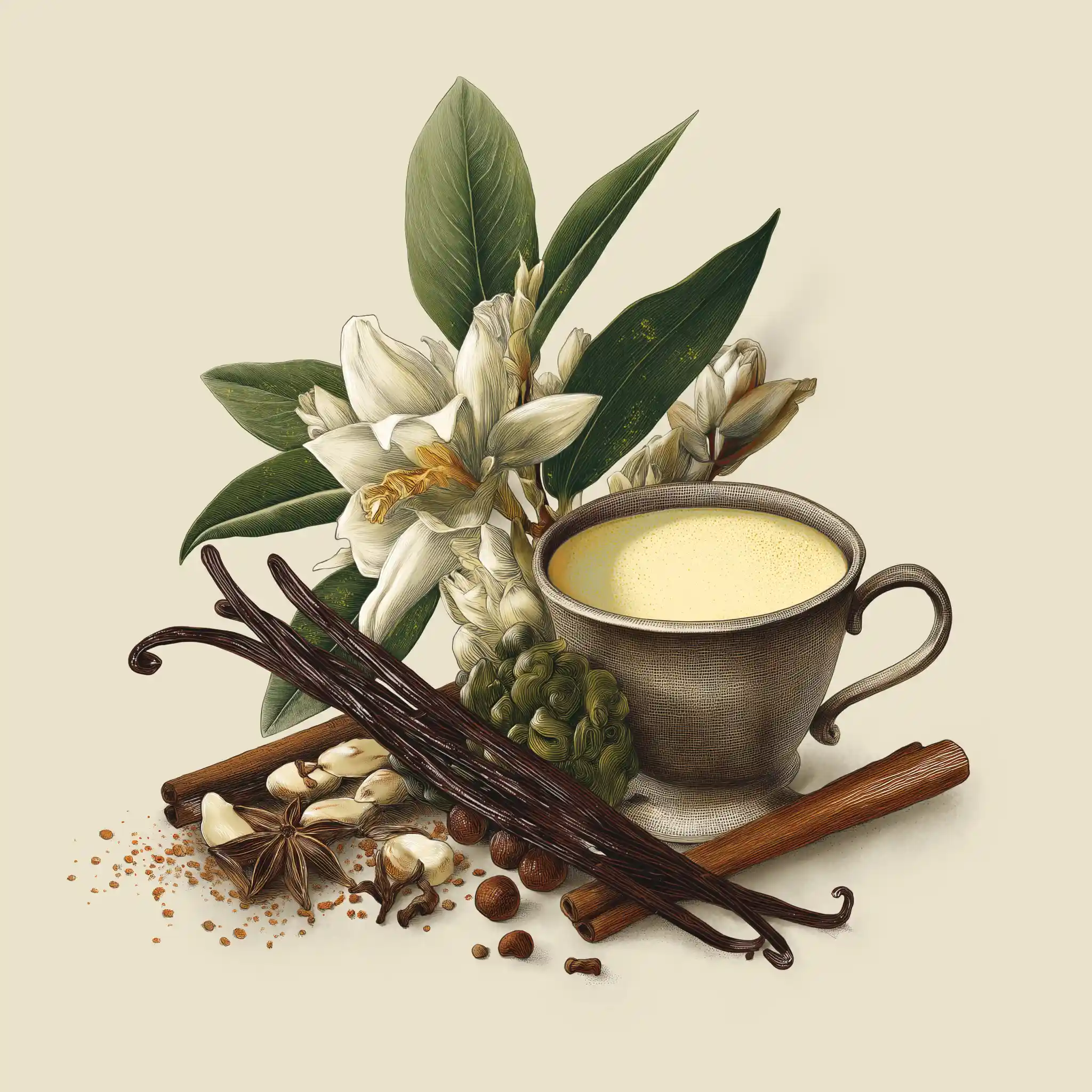 A naturalist illustration of a cup of eggnog, cinnamon sticks, vanilla pods, and a vanilla botanicals.