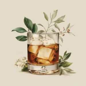 A naturalist style illustration of a glass of whiskey on a neutral background