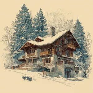 a vintage style drawing of a snow covered mountain chalet