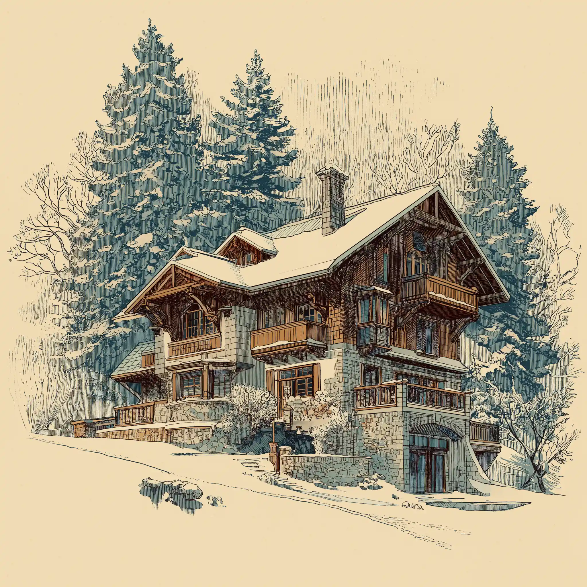 a vintage style drawing of a snow covered mountain chalet