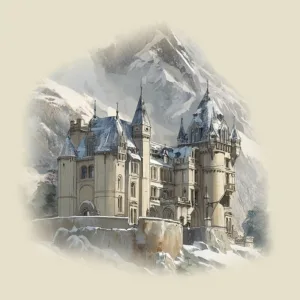 a vintage style drawing of a snow covered mountain chalet